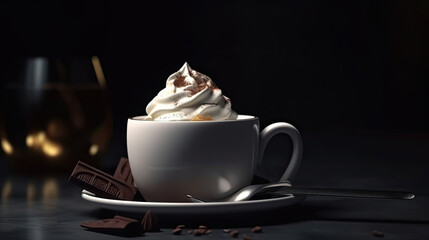 A cup of hot chocolate with whipped cream on top of it.
