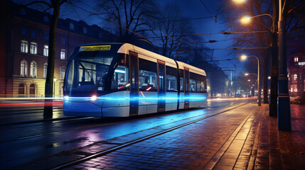 Tram at night in a city