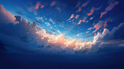 a wonderful artwork in anime style showing the sun shining through the clouds - obrazy, fototapety, plakaty