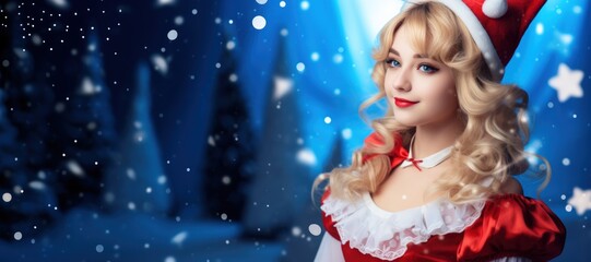 Beautiful Smiling Happy Blonde Woman in a Red White Christmas Outfit standing against a Blue Sparkling Background with Empty Copy Space for Text and Advertising created with Generative AI Technology