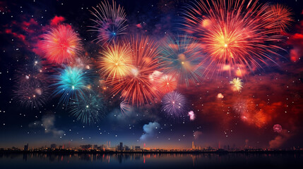 Fototapeta na wymiar Fireworks above city