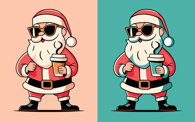 Santa holding takeaway coffee cup illustration. Cute and funny Santa Claus. Holiday season aesthetic drawing for coffee lovers, barista, coffee shops. Minimalist flat design vector for print products.