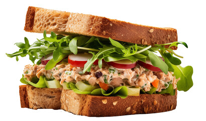 Tuna salad sandwich with lettuce and arugula on whole grain bread isolated on white background - obrazy, fototapety, plakaty