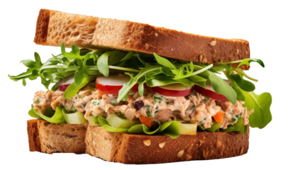 Tuna salad sandwich with lettuce and arugula on whole grain bread isolated on white background