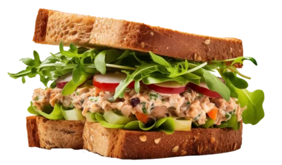 Poster Tuna salad sandwich with lettuce and arugula on whole grain bread isolated on white background © Flowal93