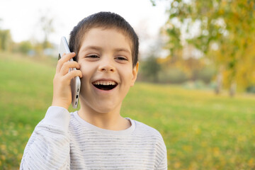 Handsome 6 year old boy talking on the phone while standing in park in autumn.