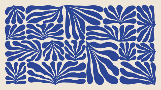 Fototapeta Abstract background matisse style. Contemporary algae leaf print, modern blue floral elements organic shapes. Vector art