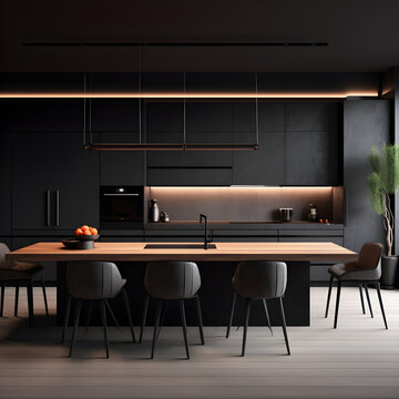 Modern kitchen interior in black colors,  photographic