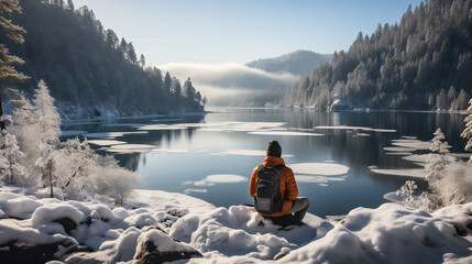 Person sitting on a snowy hill overlooking a lake and forest covered in snow and ice flakes, with a foggy sky. Concept of tranquility, solitude, harmony, stillness, peacefulness, relaxation, calmness