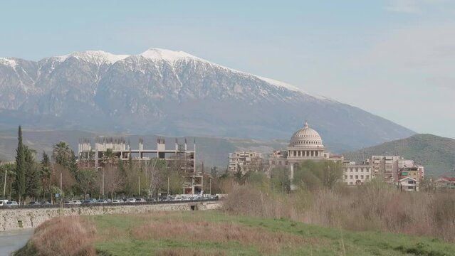 Hotel Colombo against Mountain with Snow Peak in Berat, Albania, Wide shot