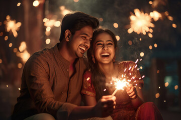 Obraz na płótnie Canvas Happy young Indian couple having fun in the background of Diwali festival celebration. Diwali festival concept