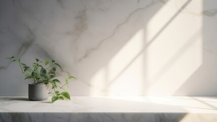 Minimal empty marble stone counter with sunlight, leaf shadow on cement wall background. Generative AI