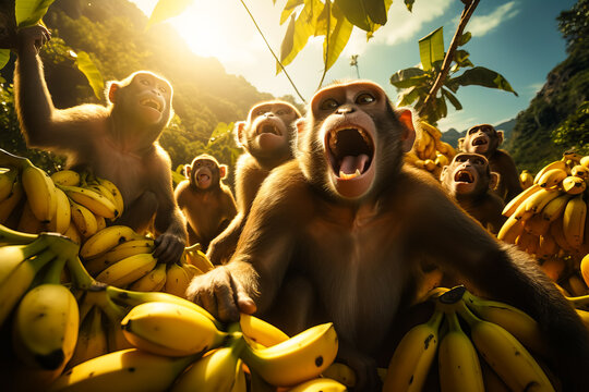 Illustration of monkeys near the banana plant in tropical forest