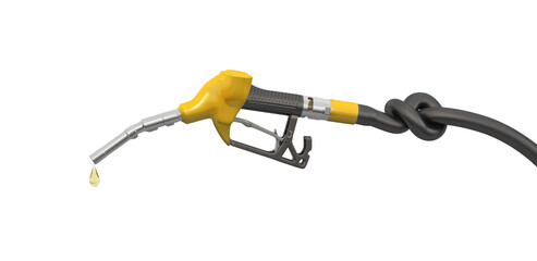 The fuel hose is rolled into a knot and the dispensing nozzle from the gas pump. As a concept: environmental pollution caused by the fuel industry. 3D Illustration. Isolated on white background.