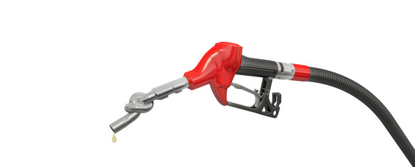 The fuel hose and the dispensing nozzle from the gas pump are folded into a knot. As a concept: environmental pollution caused by the fuel industry. 3D Illustration. Isolated on white background.