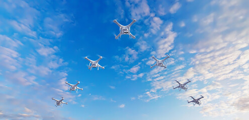 A group of drones forms a flock similar to a flock of migratory birds. This image can be used to represent the idea of drones working together in a coordinated manner. 3D Illustration.