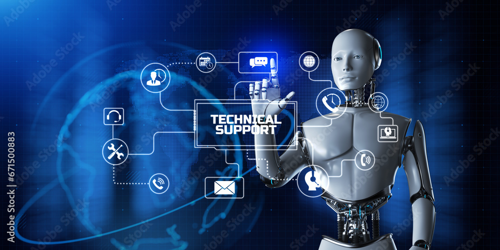 Fototapete technical support customer service automation. robot pressing button on screen 3d render.