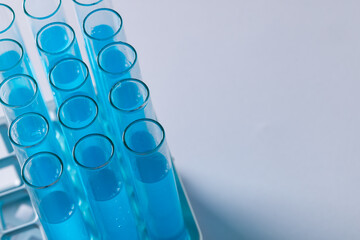 Close up of laboratory test tubes with blue liquid and copy space on white background