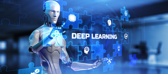 Fototapeta premium Deep learning artificial intelligence neural network. Robot pressing button on screen 3d render.