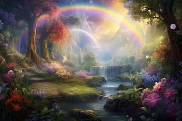 Obraz na płótnie Canvas The concept of ``Garden of Eden'' that appears in the Old Testament ``Genesis''. A rainbow in the sky of 