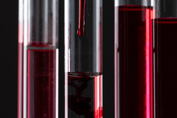 Close up of laboratory test tubes with blood and copy space on black background