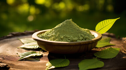Close-up shot of henna powder on a block of wood. concept of natural beauty, cosmetic products.