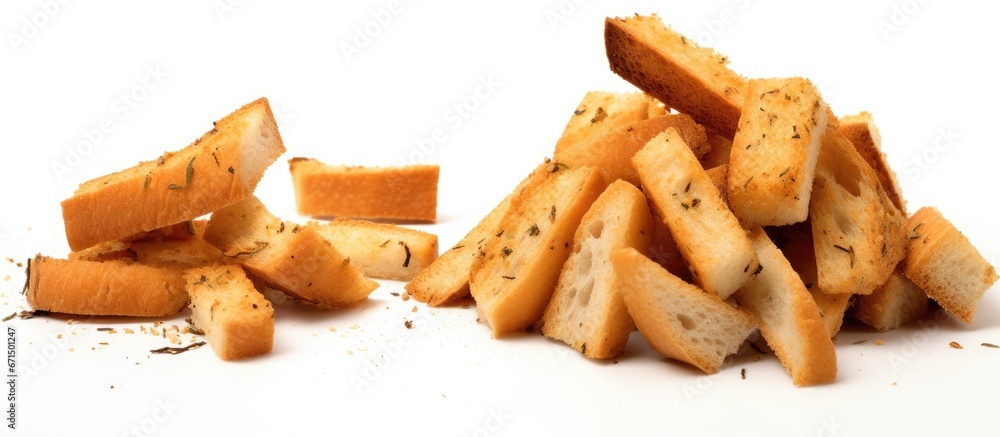 Poster two sets of bread croutons seasoned and in stick form placed separately on a white background presen