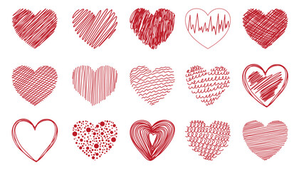 Red heart set. Collection of heart icon hand drawn vector for love logo, heart symbol, doodle icon, greeting card and Valentine's day. Painted grunge vector shape - obrazy, fototapety, plakaty