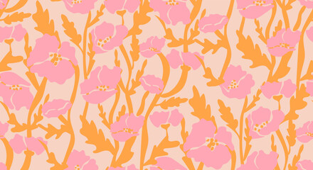 Groovy floral seamless pattern. Retro aesthetic pink poppy flowers on beige background. Vector illustration.