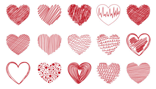 Red heart set. Collection of heart icon hand drawn vector for love logo, heart symbol, doodle icon, greeting card and Valentine's day. Painted grunge vector shape