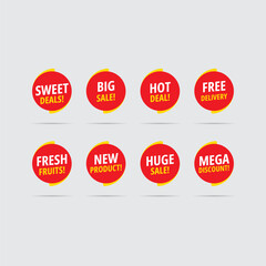New product, hot deal, big sale, free delivery, fresh fruits, sweet deals, mega discount, huge sale marketing text message tag set. Rounded red, yellow speech bubble sale label badgeS