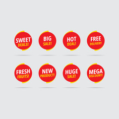 New product, hot deal, big sale, free delivery, fresh fruits, sweet deals, mega discount, huge sale marketing text message tag set. Rounded red, yellow speech bubble sale label badgeS