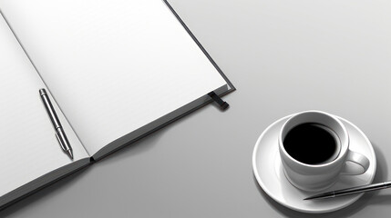Home office, copy space.A pen and a notebook on grey ground with coffee