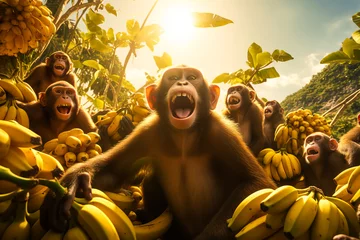 Gordijnen Illustration of monkeys near the banana plant in tropical forest © zamuruev