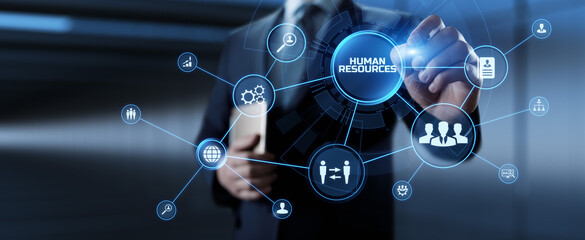 HR Human resources management Recruitment Headhunting. Businessman pressing button on screen.