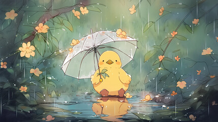 cute little dick holding an umbrella when its raining, manga artwork - obrazy, fototapety, plakaty