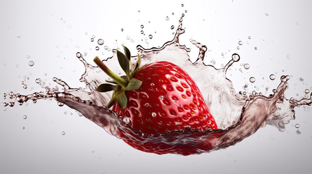 Strawberries are being dropped into a water splash