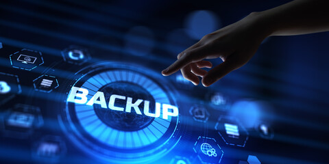 Backup Disaster recovery. Hand pressing button on screen.