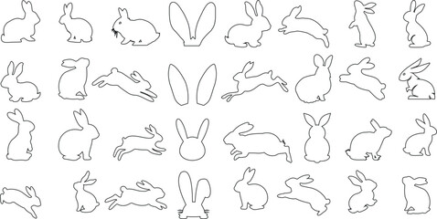 Rabbit line art vector illustration set, perfect for Easter, spring, animal-themed designs. Black and white line art, simple, minimal style. Different poses and angles, hopping, sitting, standing