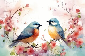 Spring background with birds and flowers, Generative AI