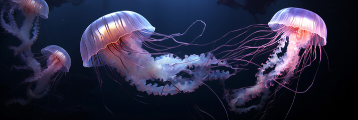 Ethereal deep sea waltz  Majestic jellyfish floating in the vast oceanic abyss - obrazy, fototapety, plakaty