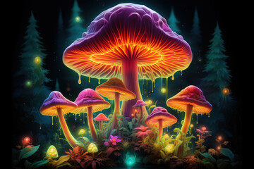 Fototapeta na wymiar Glowing magic mushrooms - psychedelic art