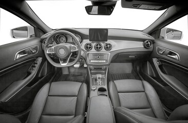 Inside moden car background, luxury car interior elements wallpaper. Black leather car interior