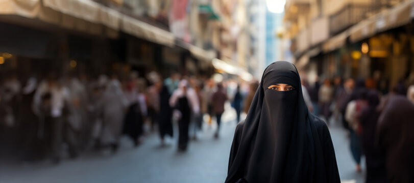 Middle Eastern woman wearing niqab on city street