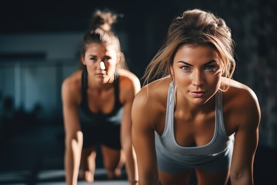 Young woman does push-ups to keep healthy in spacious gym. Couple of sportive young adults faces challenging workout with efforts to perform push-ups to maintain health in gym. Keeping fit.