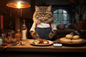 Cat chef in the kitchen prepares food.