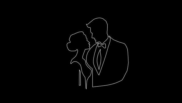 Girl with a guy looks at the poster and chooses a movie. Silhouette. White background.