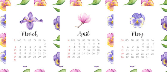 Watercolor spring 2024 calendar. Botanical calendar 2024 with watercolor flowers.