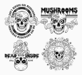 Labels with colorful fantasy mushrooms, human skull, text. Crazy mad skull with single eye and growing through mushrooms. Illustrations on white background. Vintage style.