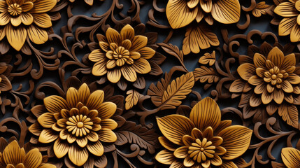 Beautiful seamless abstract color black and yellow flowers. Gold flower frame and brown leaves texture, dark background.